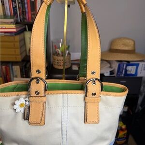 VINTAGE COACH Canvas Tote with Tan Leather Trim and Green Interior